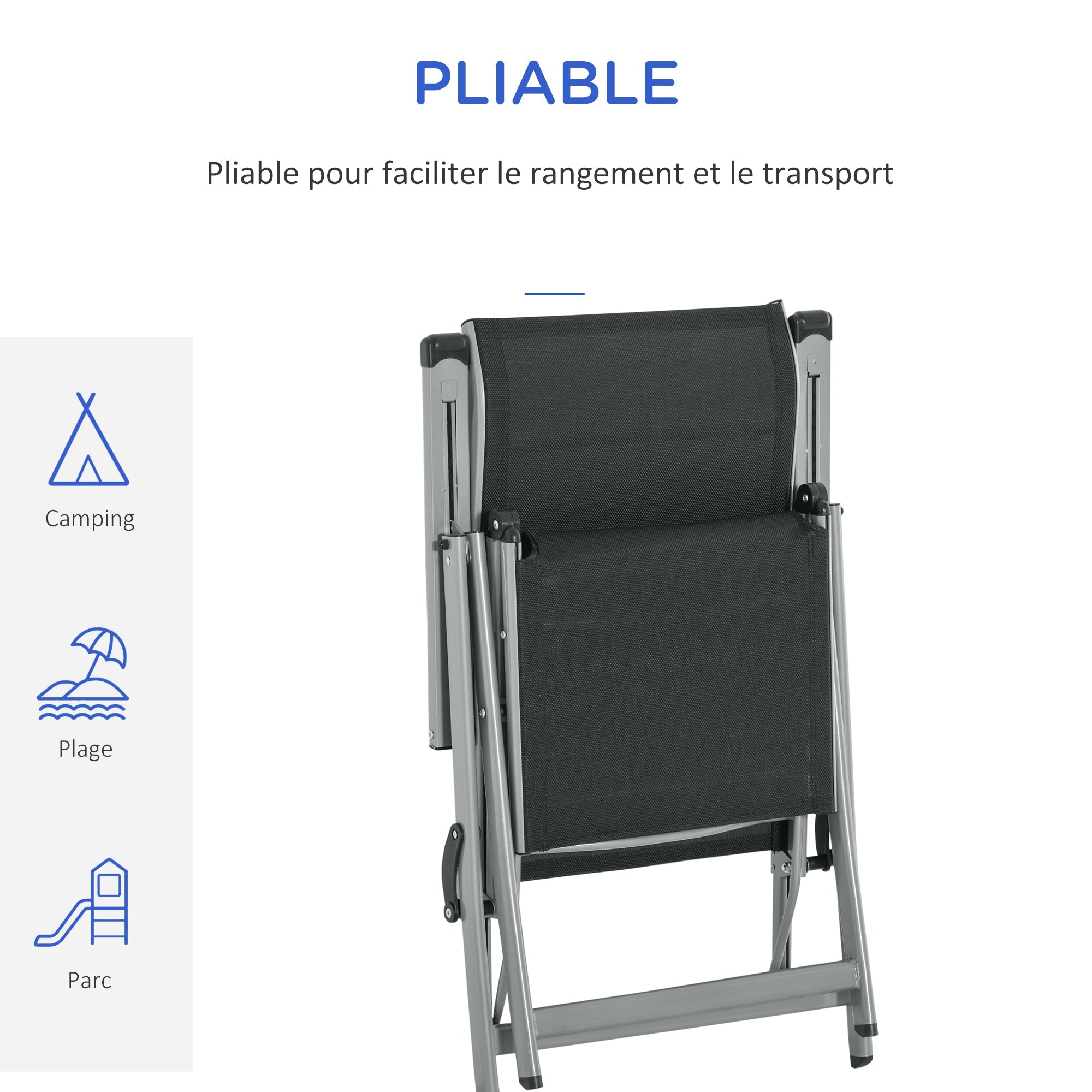 Outsunny Folding Chaise Lounge Sunbathing Chair Garden Relaxation Chair with Adjustable Backrest & Footrest Multi-Positions, Epoxy Metal Textilene, Black LeCoinChaise