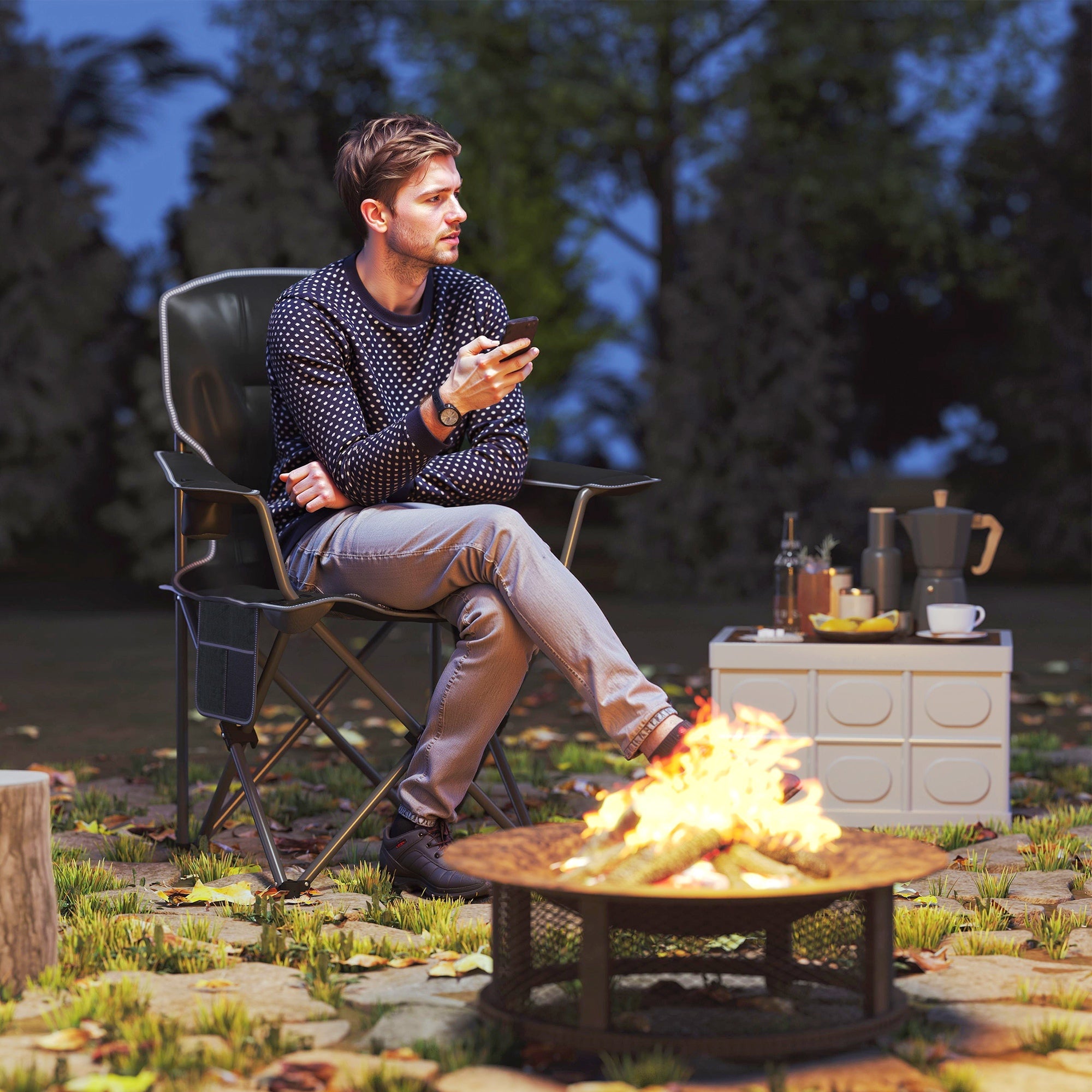 Outsunny Folding Camping Chair, Portable Fishing Chair, Padded Seat, Cup Holder, Side Pockets And Carry Bag, Collapsible Chair for Hiking, Fishing, Beach And Picnic, Black LeCoinChaise