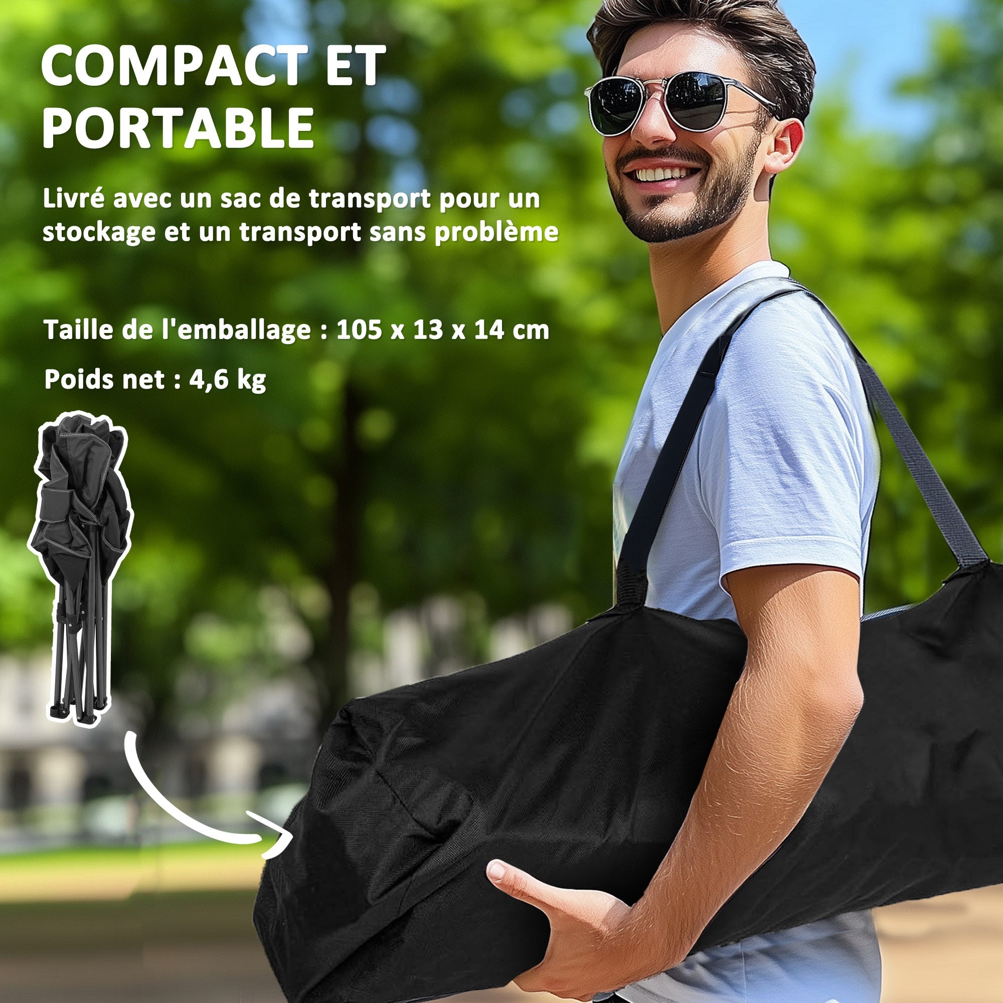 Outsunny Folding Camping Chair, Portable Fishing Chair, Padded Seat, Cup Holder, Side Pockets And Carry Bag, Collapsible Chair for Hiking, Fishing, Beach And Picnic, Black LeCoinChaise