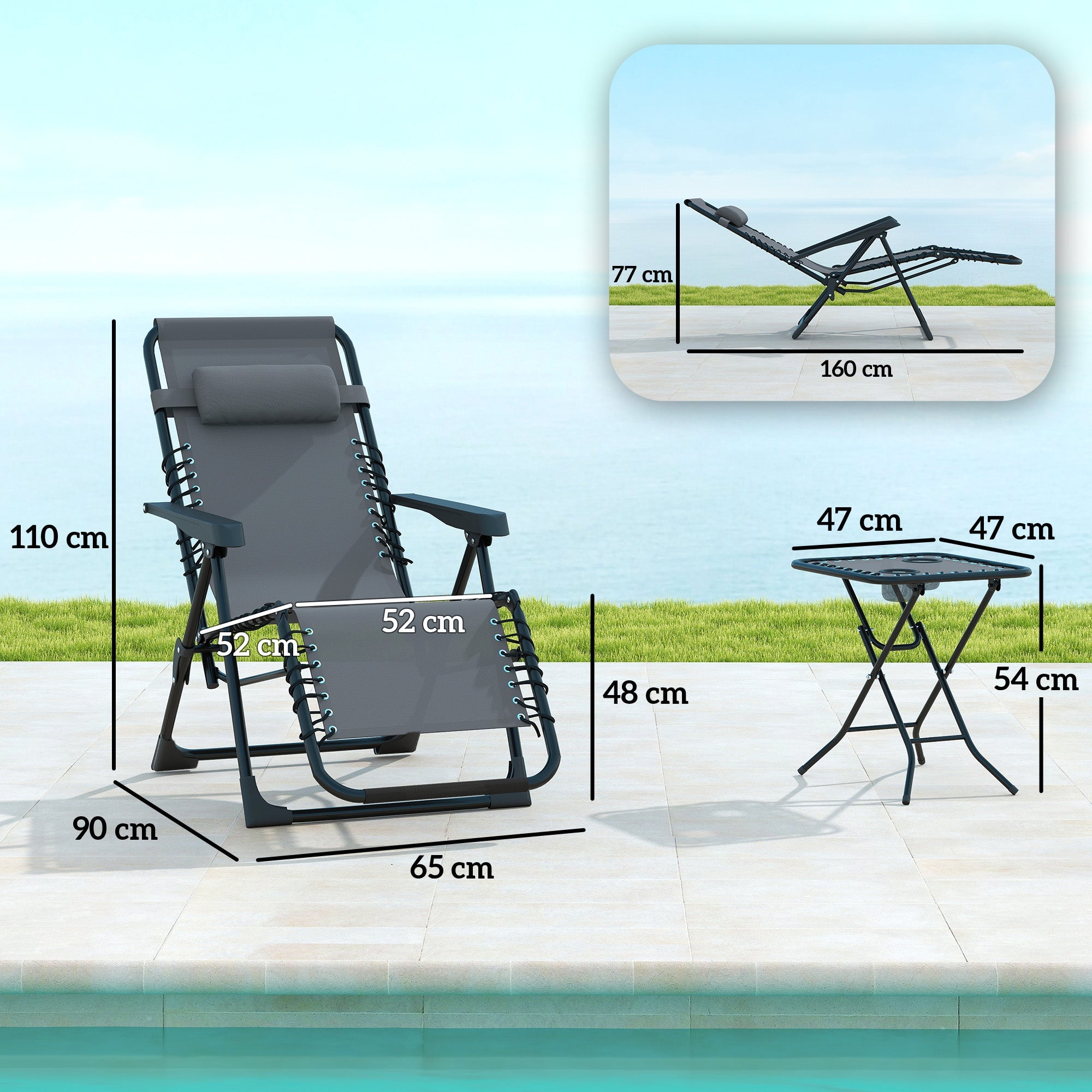 Outsunny Set of 2 Folding And Reclining Lounge Chairs with Side Table, Zero Gravity Garden Relaxation Chair Sun Lounger with Cup Holder And Headrest, 120 Kg Load, Grey LeCoinChaise