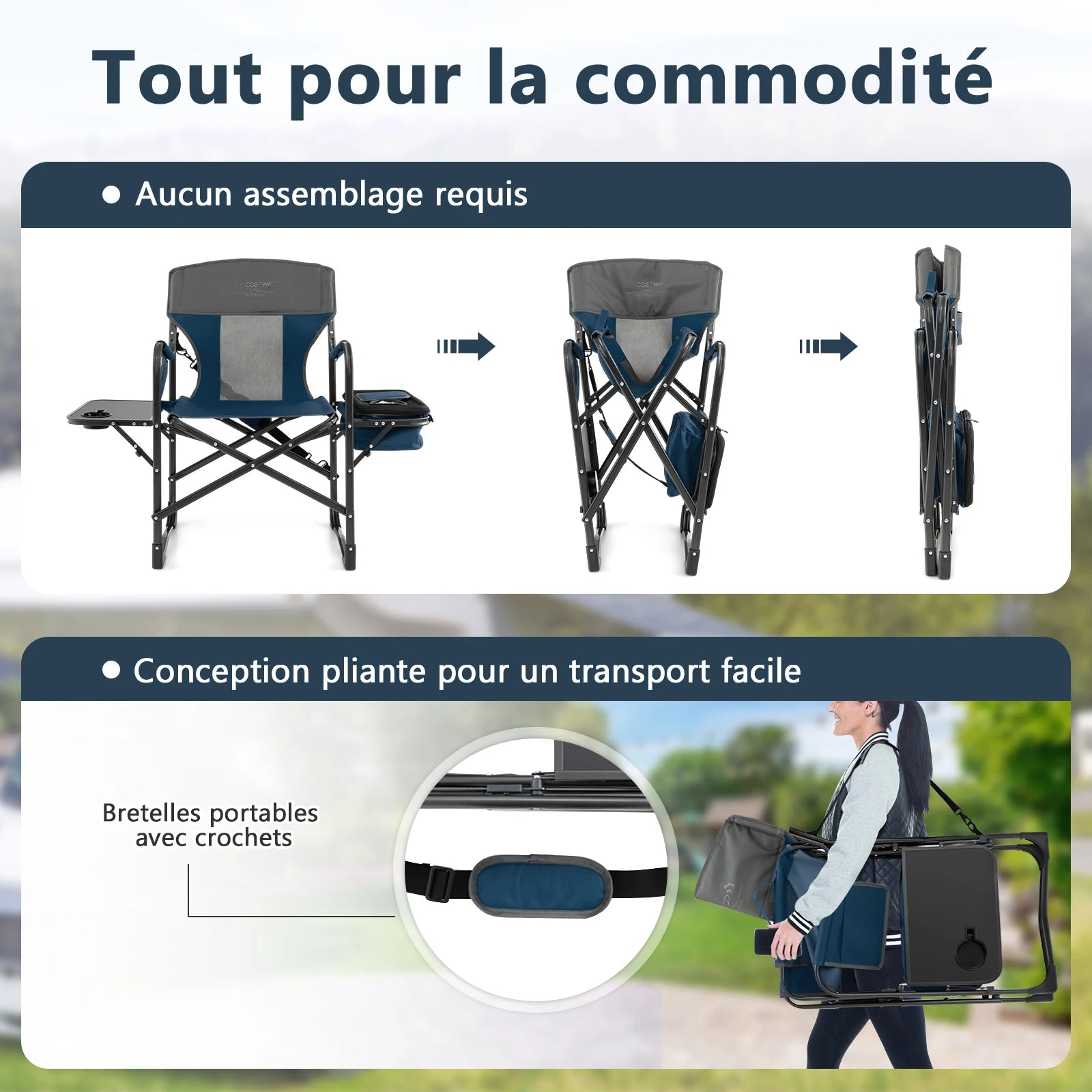 Camping chair with side table, cooler bag & storage s bag, folding fishing chair, 180 kg load capacity, director chair portable LeCoinChaise