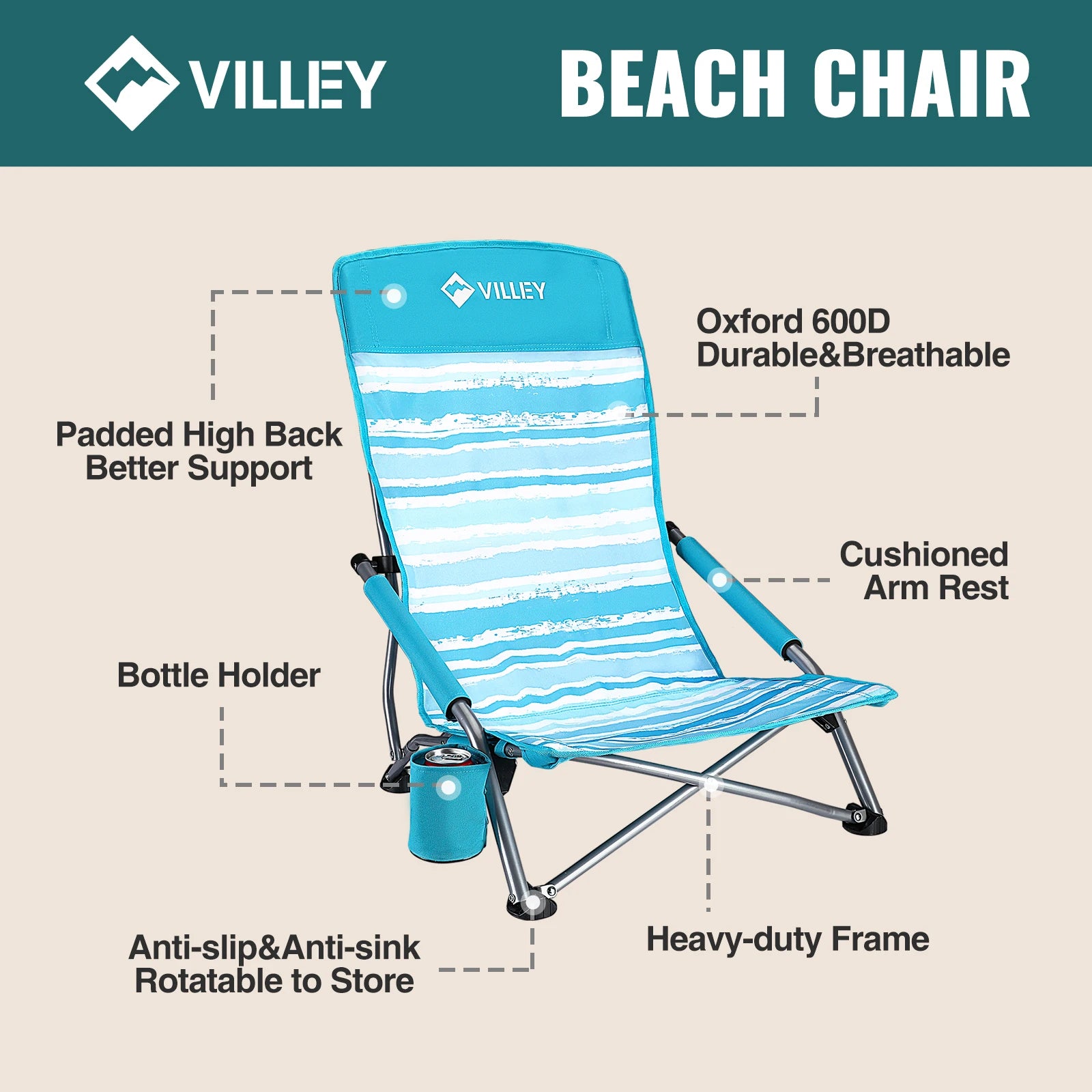 Chaise longue de plage VILLEY pliante et confortable bleue - LeCoinChaise